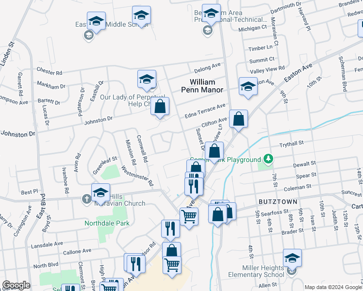 map of restaurants, bars, coffee shops, grocery stores, and more near 3175 Rachel Drive in Bethlehem