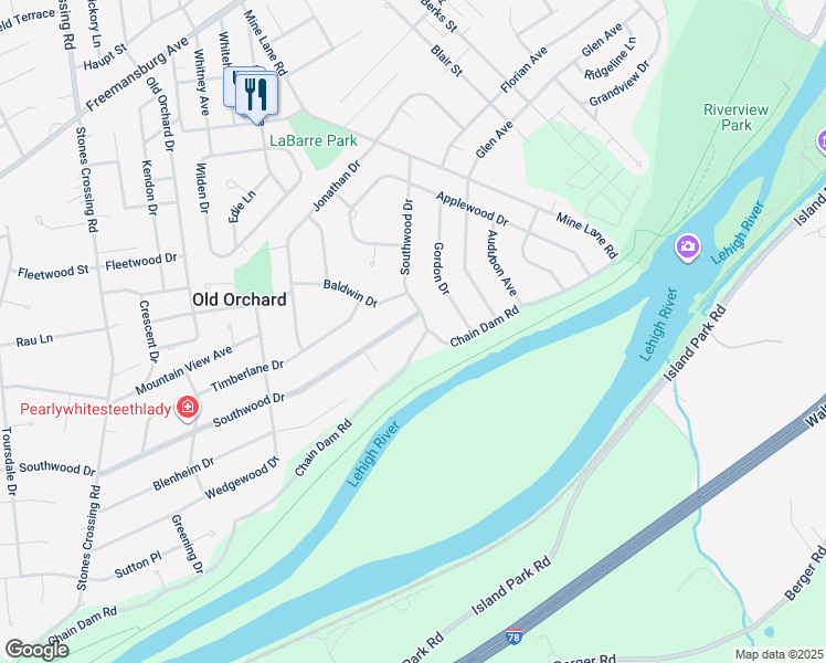map of restaurants, bars, coffee shops, grocery stores, and more near 3540 Southwood Drive in Easton