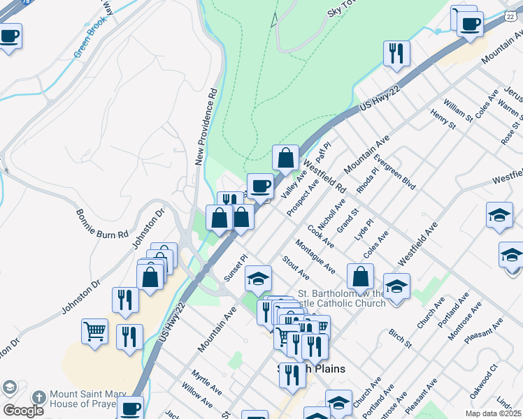 map of restaurants, bars, coffee shops, grocery stores, and more near 2006 U.S. 22 in Scotch Plains