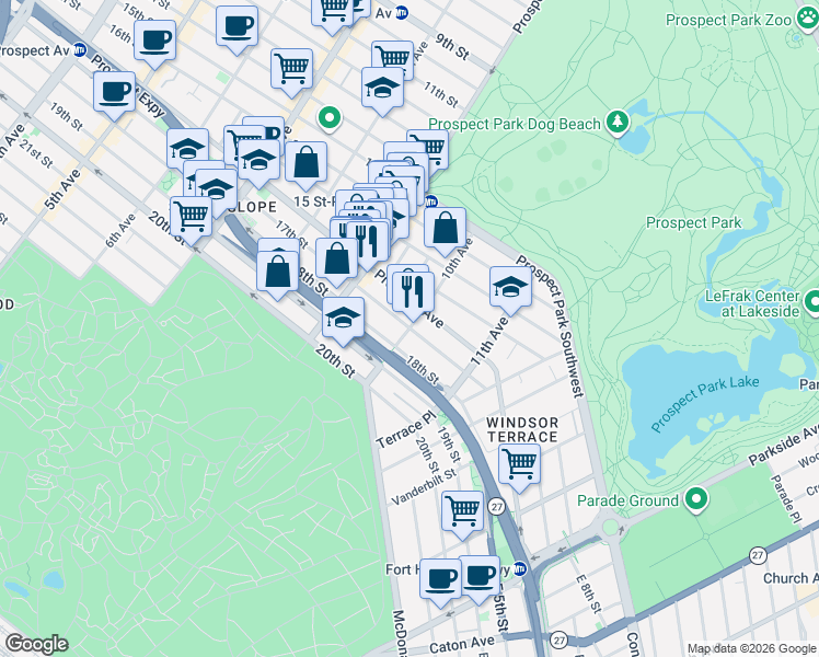 map of restaurants, bars, coffee shops, grocery stores, and more near 17th Street & 10th Avenue in Brooklyn