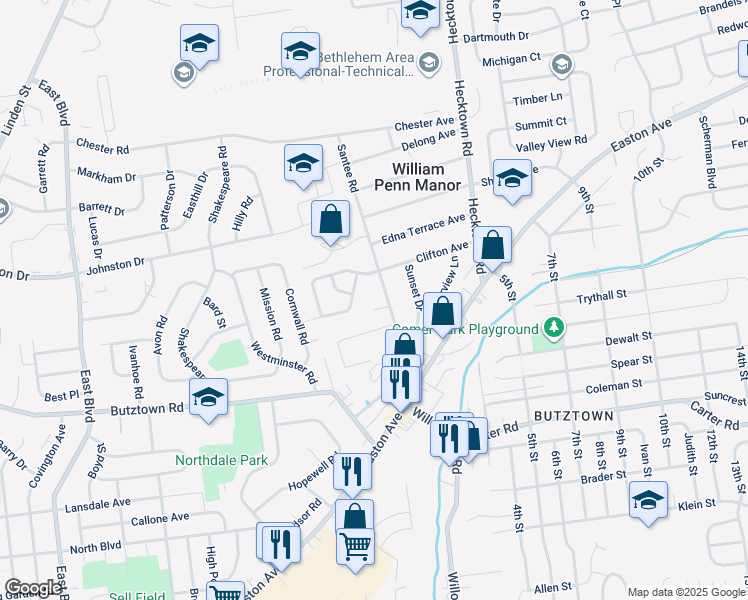 map of restaurants, bars, coffee shops, grocery stores, and more near 3175 Rachel Drive in Bethlehem