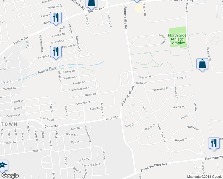map of restaurants, bars, coffee shops, grocery stores, and more near 4153 Walter Road in Bethlehem
