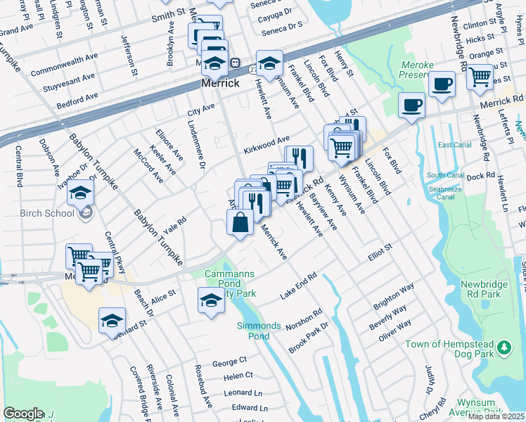 map of restaurants, bars, coffee shops, grocery stores, and more near 2020 Ripley Lane in Merrick