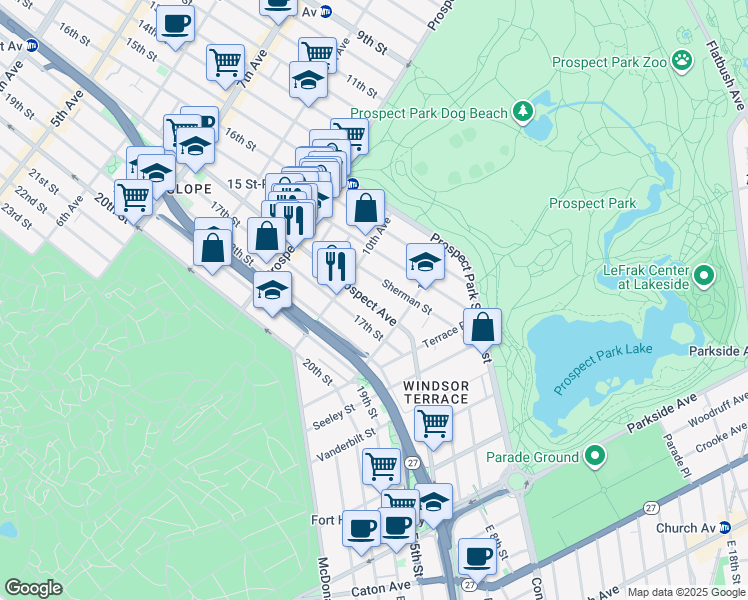 map of restaurants, bars, coffee shops, grocery stores, and more near 22 Sherman Street in Brooklyn