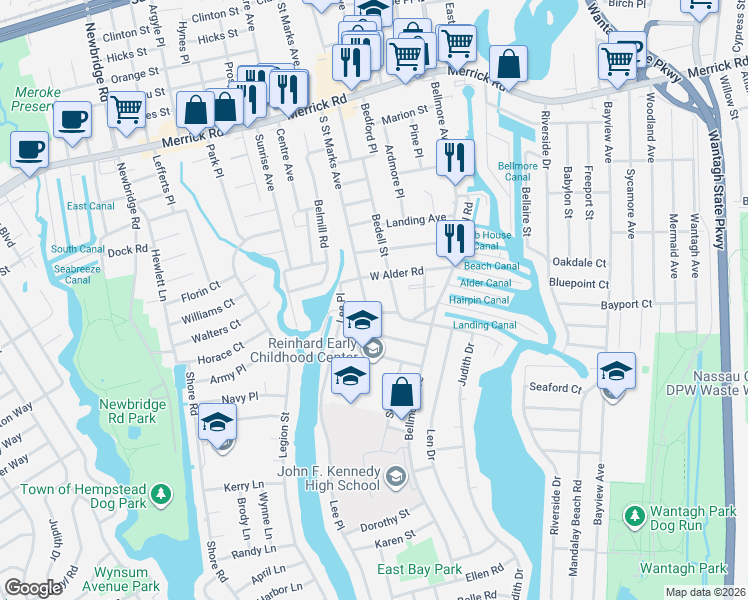 map of restaurants, bars, coffee shops, grocery stores, and more near 2662 West Alder Road in Bellmore