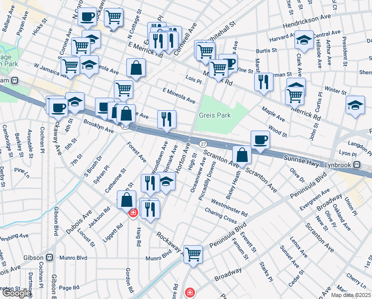 map of restaurants, bars, coffee shops, grocery stores, and more near 193 Horton Avenue in Valley Stream