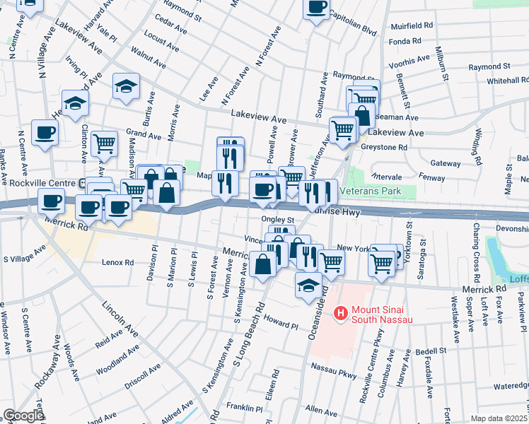 map of restaurants, bars, coffee shops, grocery stores, and more near 488 Sunrise Highway in Rockville Centre