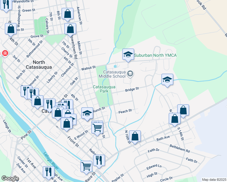 map of restaurants, bars, coffee shops, grocery stores, and more near 505 Saint John Street in Catasauqua
