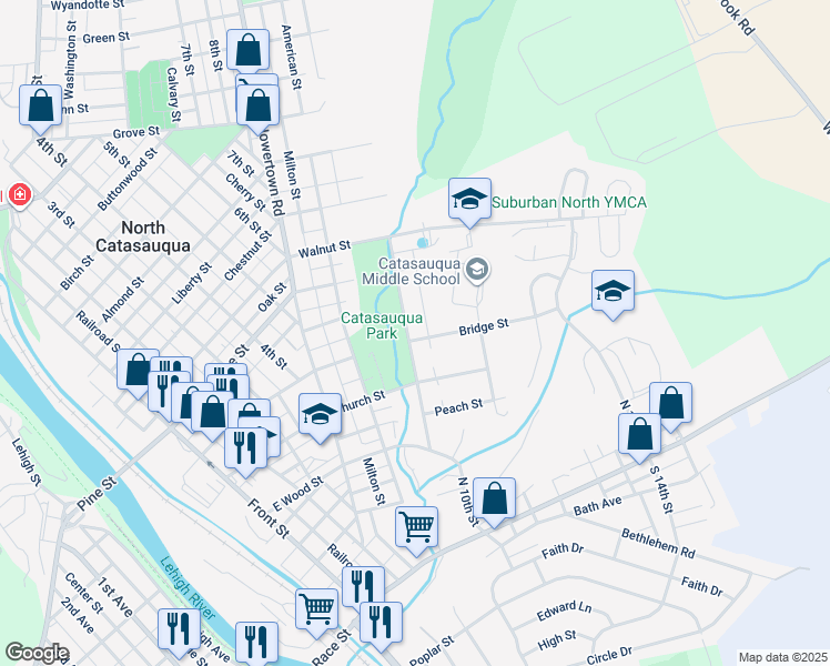 map of restaurants, bars, coffee shops, grocery stores, and more near 505 Saint John Street in Catasauqua