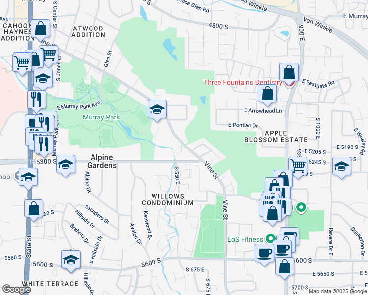 map of restaurants, bars, coffee shops, grocery stores, and more near 577 Vine Street in Murray