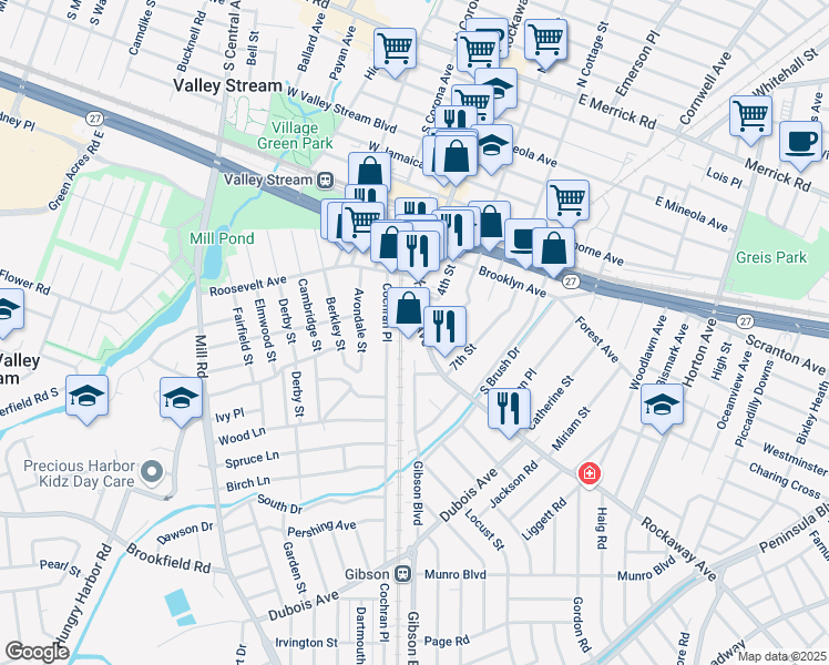 map of restaurants, bars, coffee shops, grocery stores, and more near 501 Rockaway Avenue in Valley Stream