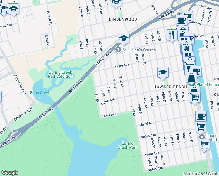 map of restaurants, bars, coffee shops, grocery stores, and more near 158-52 80th Street in Queens