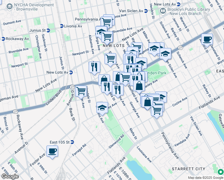 map of restaurants, bars, coffee shops, grocery stores, and more near 1866 Linden Boulevard in Brooklyn