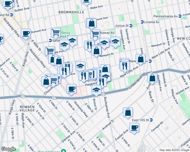 map of restaurants, bars, coffee shops, grocery stores, and more near 890 Rockaway Avenue in Brooklyn