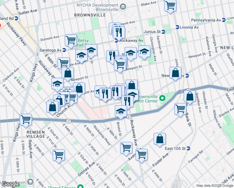 map of restaurants, bars, coffee shops, grocery stores, and more near 546 Bristol Street in Brooklyn