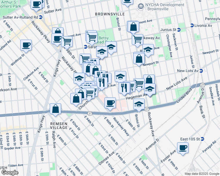 map of restaurants, bars, coffee shops, grocery stores, and more near 37 Lott Avenue in Brooklyn