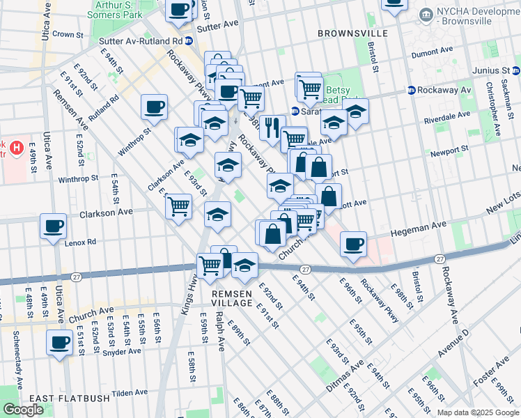 map of restaurants, bars, coffee shops, grocery stores, and more near 399 East 95th Street in Brooklyn