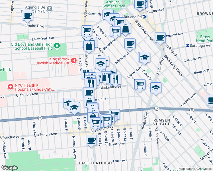 map of restaurants, bars, coffee shops, grocery stores, and more near 151 East 52nd Street in Brooklyn