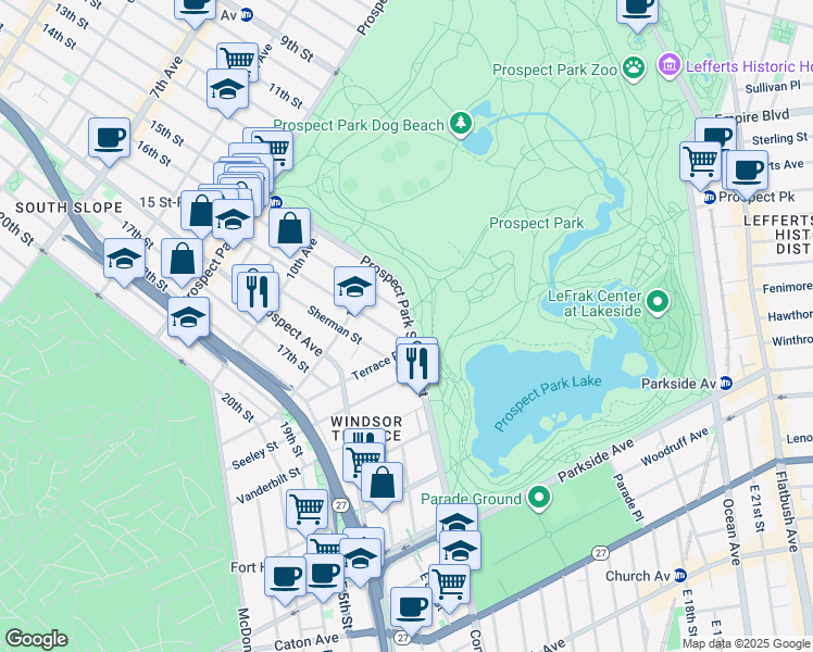 map of restaurants, bars, coffee shops, grocery stores, and more near 105 Prospect Park Southwest in Brooklyn