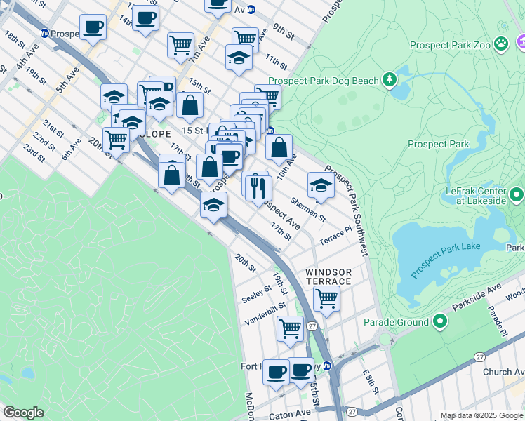 map of restaurants, bars, coffee shops, grocery stores, and more near 559 17th Street in Brooklyn