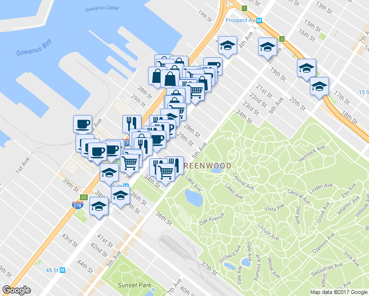 map of restaurants, bars, coffee shops, grocery stores, and more near 192 29th Street in Brooklyn