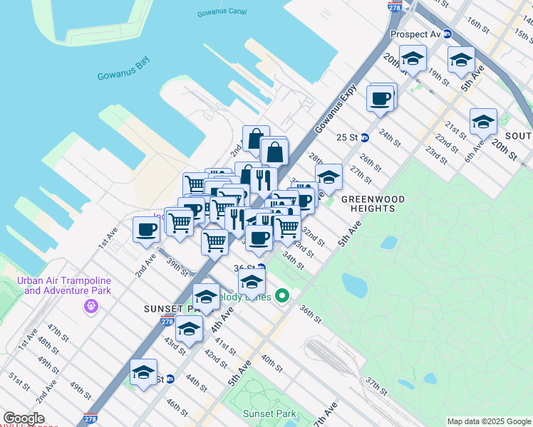 map of restaurants, bars, coffee shops, grocery stores, and more near 871 3rd Avenue in Brooklyn