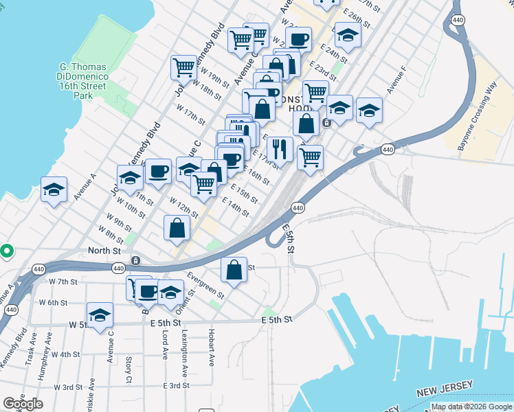 map of restaurants, bars, coffee shops, grocery stores, and more near 24 Sisson Court in Bayonne
