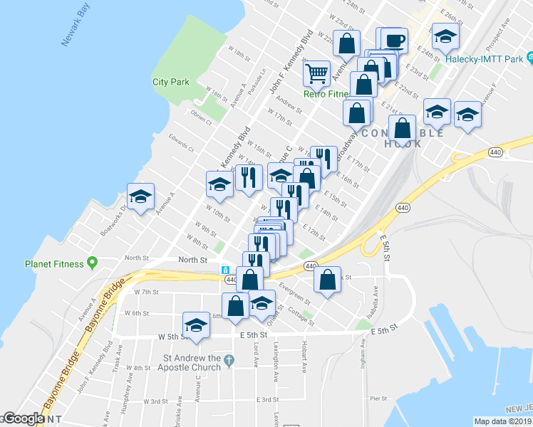 map of restaurants, bars, coffee shops, grocery stores, and more near in Bayonne
