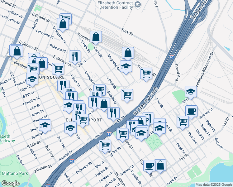 map of restaurants, bars, coffee shops, grocery stores, and more near 512 South Park Street in Elizabeth