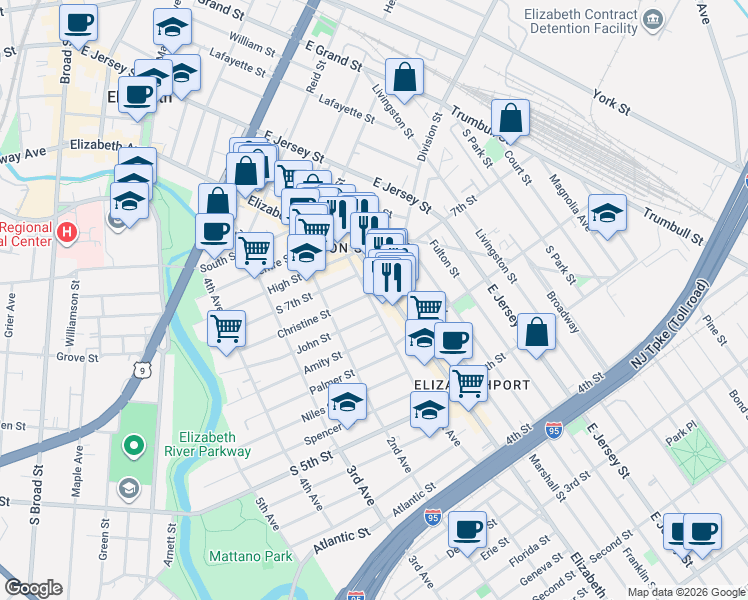 map of restaurants, bars, coffee shops, grocery stores, and more near 648 1st Avenue in Elizabeth