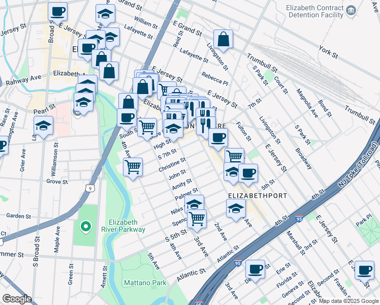 map of restaurants, bars, coffee shops, grocery stores, and more near 25 South 7th Street in Elizabeth