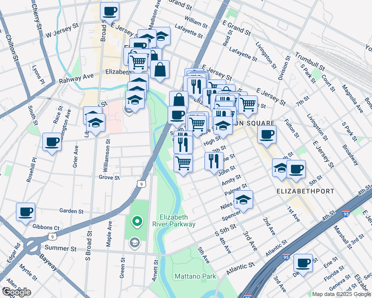 map of restaurants, bars, coffee shops, grocery stores, and more near 329 Centre Street in Elizabeth