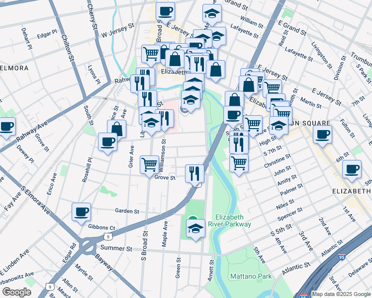 map of restaurants, bars, coffee shops, grocery stores, and more near 635 Norwood Terrace in Elizabeth