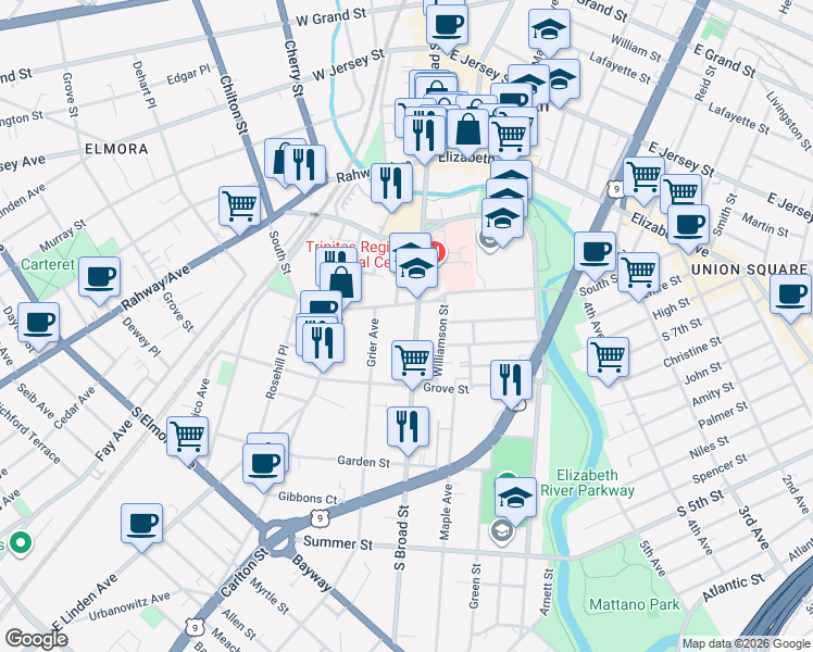 map of restaurants, bars, coffee shops, grocery stores, and more near in Elizabeth