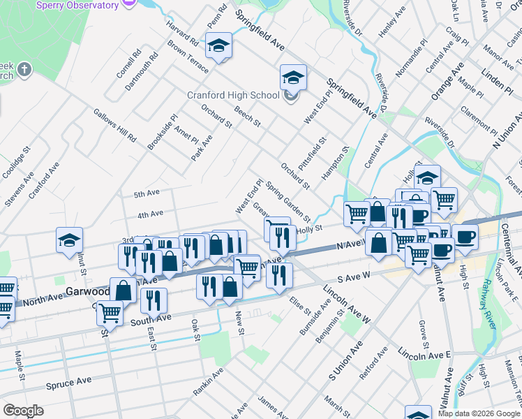 map of restaurants, bars, coffee shops, grocery stores, and more near 36 Greaves Place in Cranford
