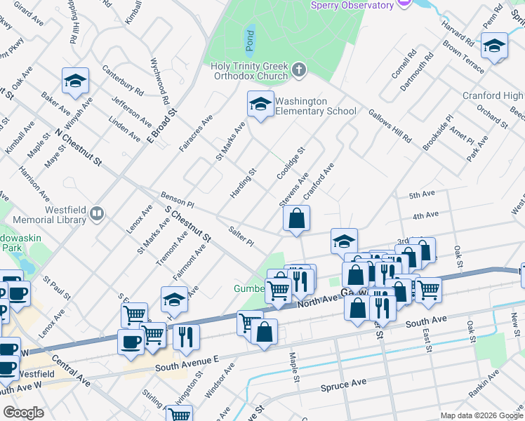 map of restaurants, bars, coffee shops, grocery stores, and more near 733 Coolidge Street in Westfield