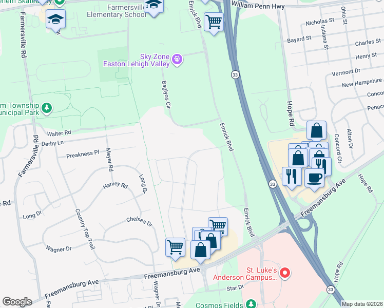 map of restaurants, bars, coffee shops, grocery stores, and more near 2463 Baglyos Circle in Bethlehem