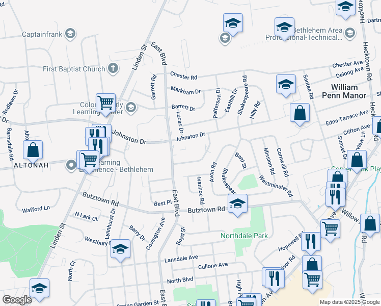 map of restaurants, bars, coffee shops, grocery stores, and more near 1722 Johnston Drive in Bethlehem