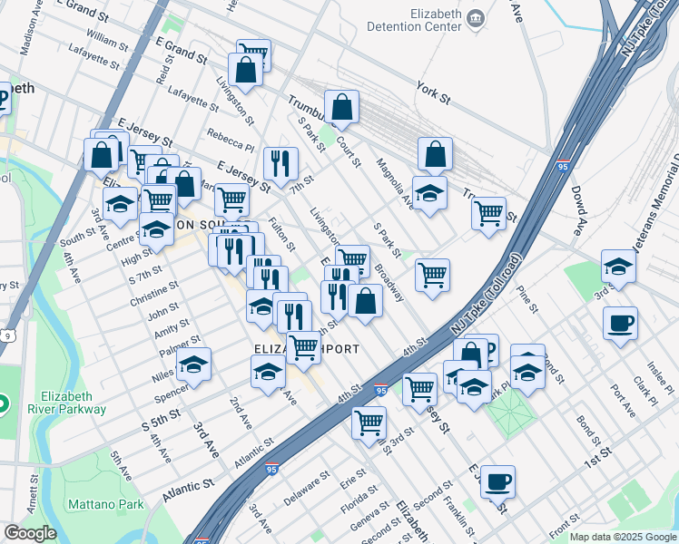 map of restaurants, bars, coffee shops, grocery stores, and more near 539 East Jersey Street in Elizabeth