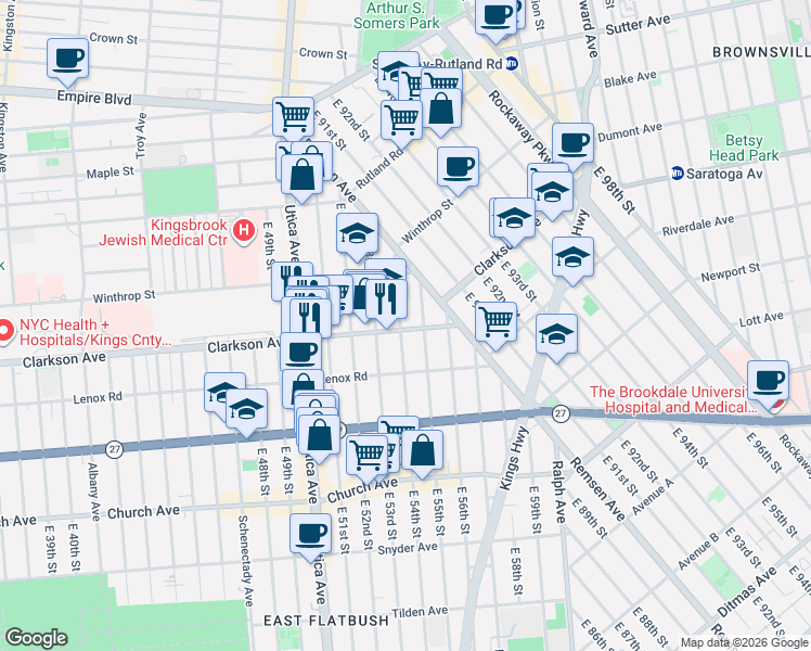 map of restaurants, bars, coffee shops, grocery stores, and more near 133 Clarkson Avenue in Brooklyn