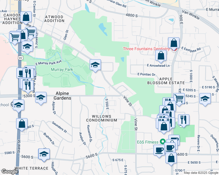 map of restaurants, bars, coffee shops, grocery stores, and more near 588 East Vine Street in Murray