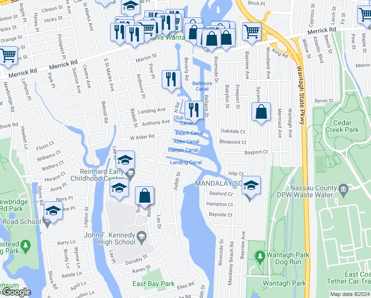 map of restaurants, bars, coffee shops, grocery stores, and more near 114 Beach Avenue in Bellmore