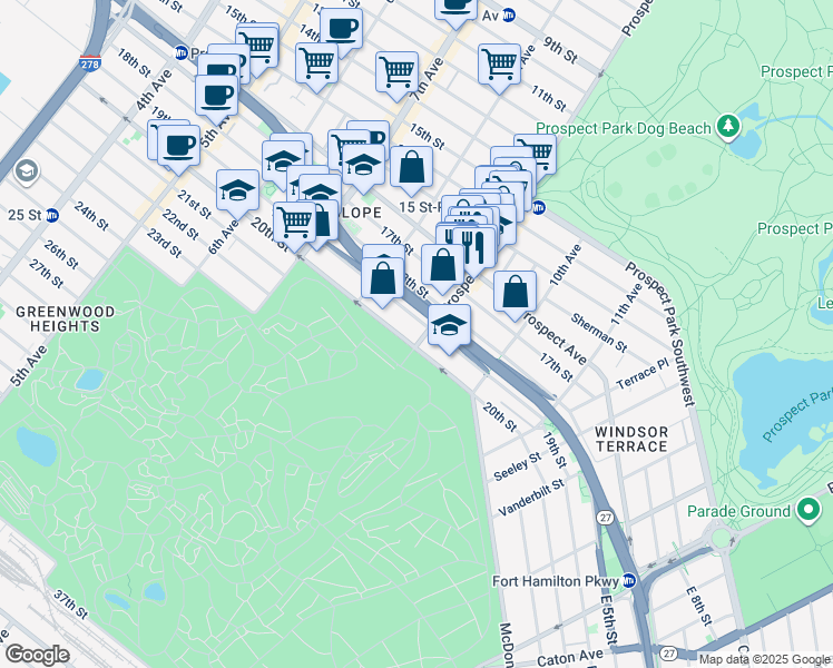 map of restaurants, bars, coffee shops, grocery stores, and more near 310 Prospect Park West in Brooklyn