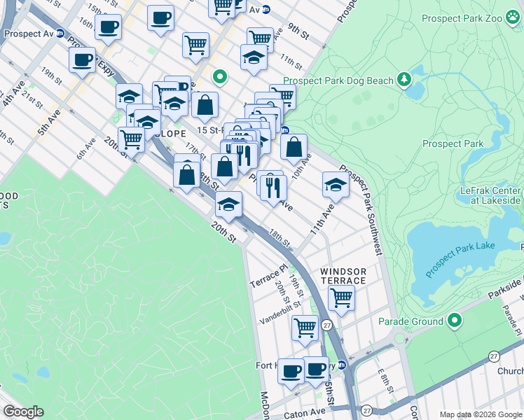 map of restaurants, bars, coffee shops, grocery stores, and more near 556 17th Street in Brooklyn