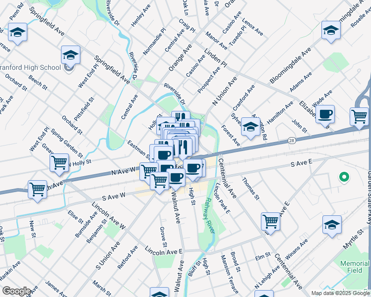 map of restaurants, bars, coffee shops, grocery stores, and more near 40 Alden Street in Cranford