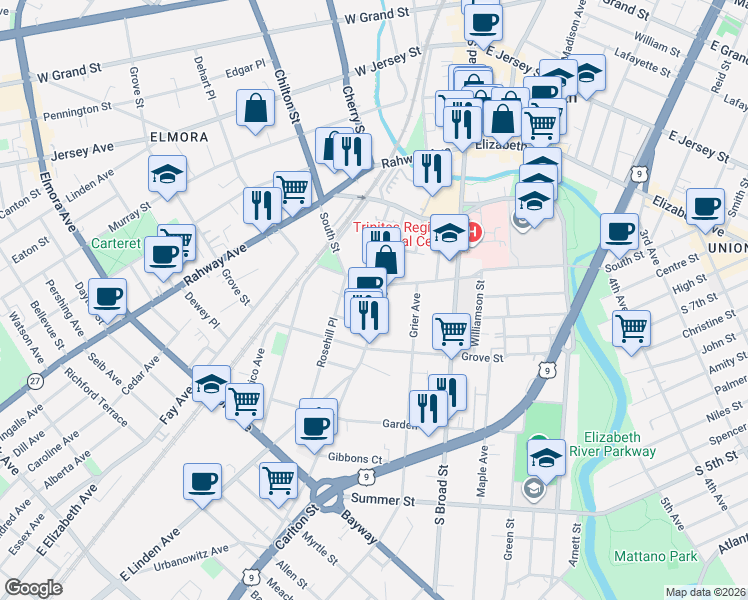 map of restaurants, bars, coffee shops, grocery stores, and more near 313 Washington Avenue in Elizabeth