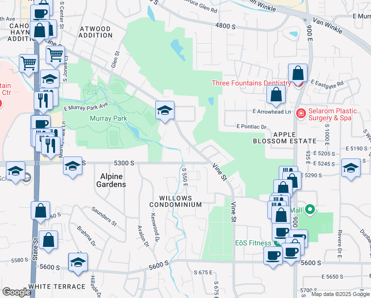 map of restaurants, bars, coffee shops, grocery stores, and more near 576 East Vine Street in Murray
