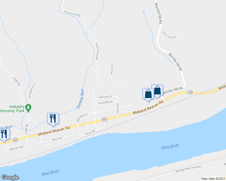 map of restaurants, bars, coffee shops, grocery stores, and more near 118 Upland Drive in Industry