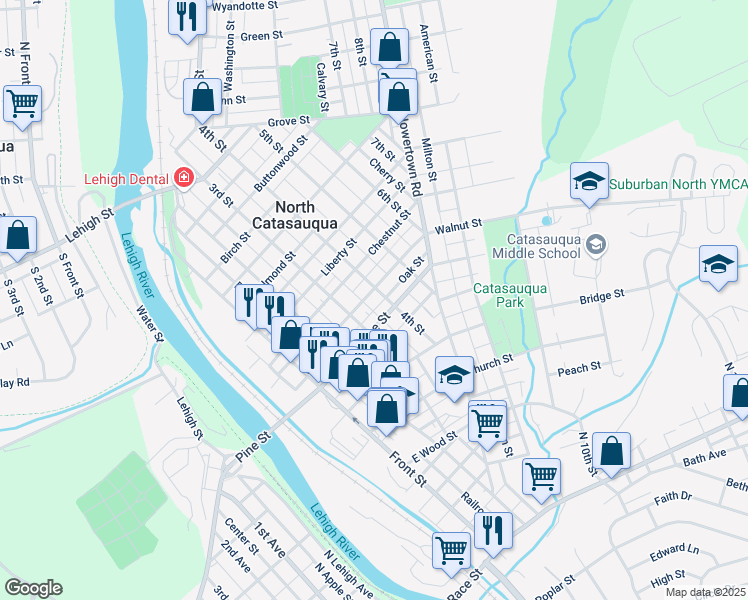 map of restaurants, bars, coffee shops, grocery stores, and more near 330 Walnut Street in Catasauqua