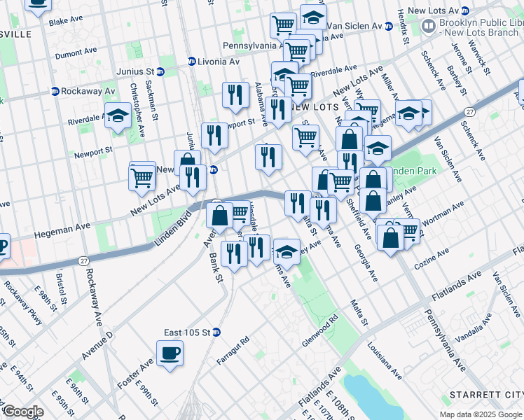 map of restaurants, bars, coffee shops, grocery stores, and more near 737 Williams Avenue in Brooklyn